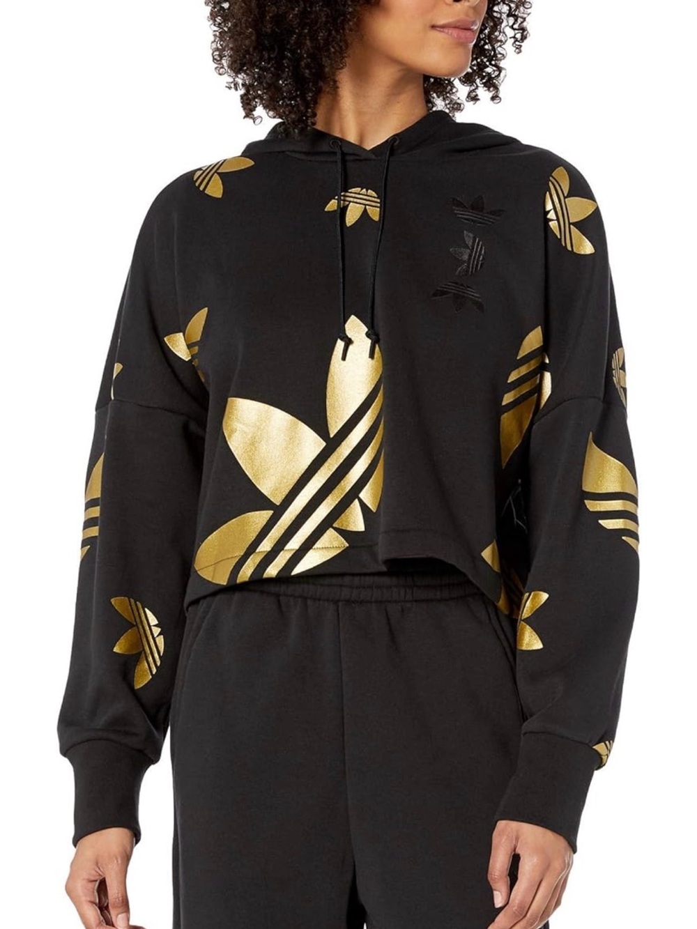 Adidas Originals Black Gold Large Logo Cropped Hoodie FS7224 Size S Metallic